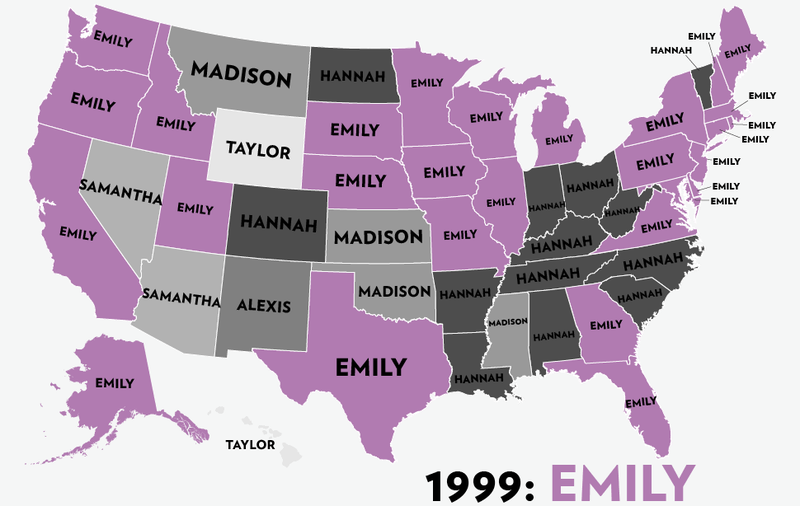 Illustration for article titled Map: Six Decades of the Most Popular Names for Girls, State-by-State